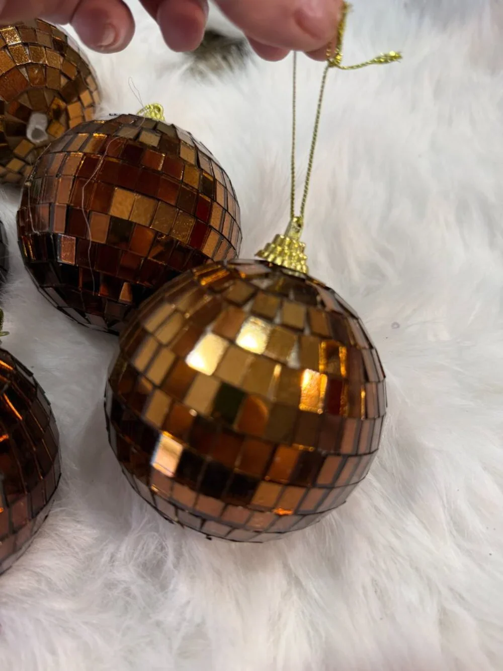 Set of 10 Bronze Copper Disco Ball Christmas Ornaments | Mirrored Holiday